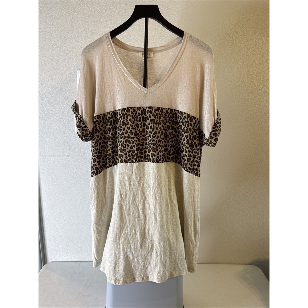 Umgee Women's Tan Cheetah V Neck Tunic Dress with Pockets Linen Blend Size S‎